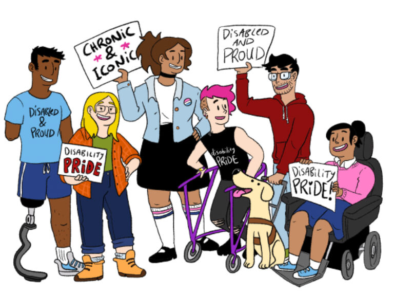 Illustrated group of six disabled young people celebrating Disability Pride. The image features people with a range of visible disabilities and identities, including a person with a prosthetic leg, a person using a wheelchair, a person using a walker, and a guide dog. Several people are holding signs that read “Disability Pride”, “Disabled and Proud”, and “Chronic & Iconic”. The group is smiling and standing together in a show of community, confidence and solidarity. The YDAS (Youth Disability Advocacy Service) logo appears in the top left corner. The overall tone is positive, empowering and inclusive, celebrating disability identity, pride and belonging.