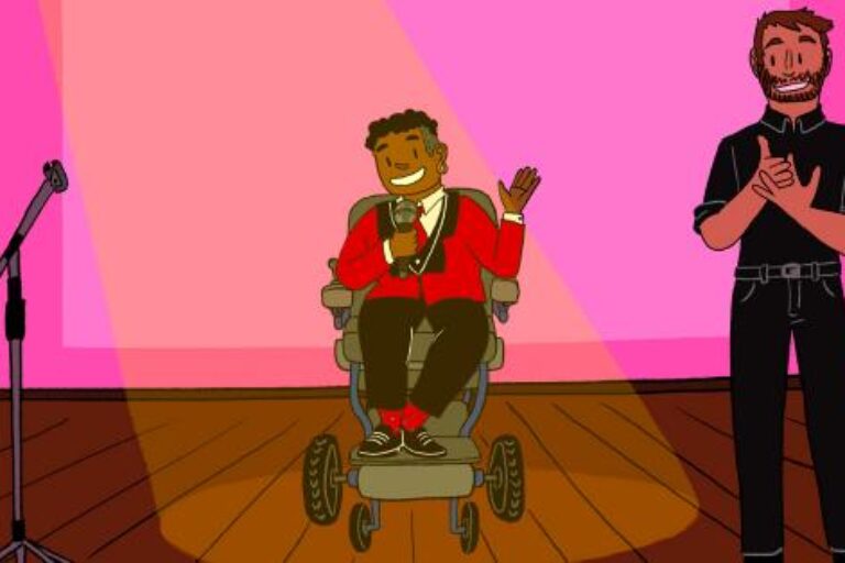 Illustration of a young person on stage. They are a wheelchair user.